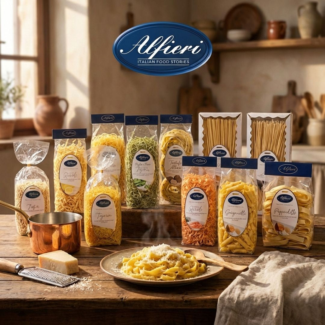 Variedad de Pasta Alfieri artesanal del Piamonte, exclusiva en Bruno Gourmet España.