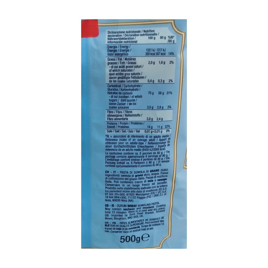 Etiqueta de Farfalle Voiello con ingredientes e información nutricional