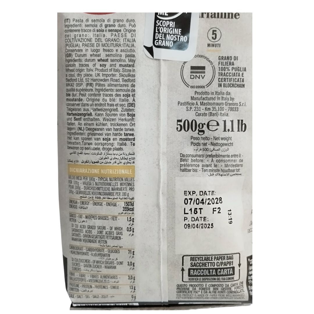 Etiqueta de Farfalline Granoro con ingredientes e información nutricional