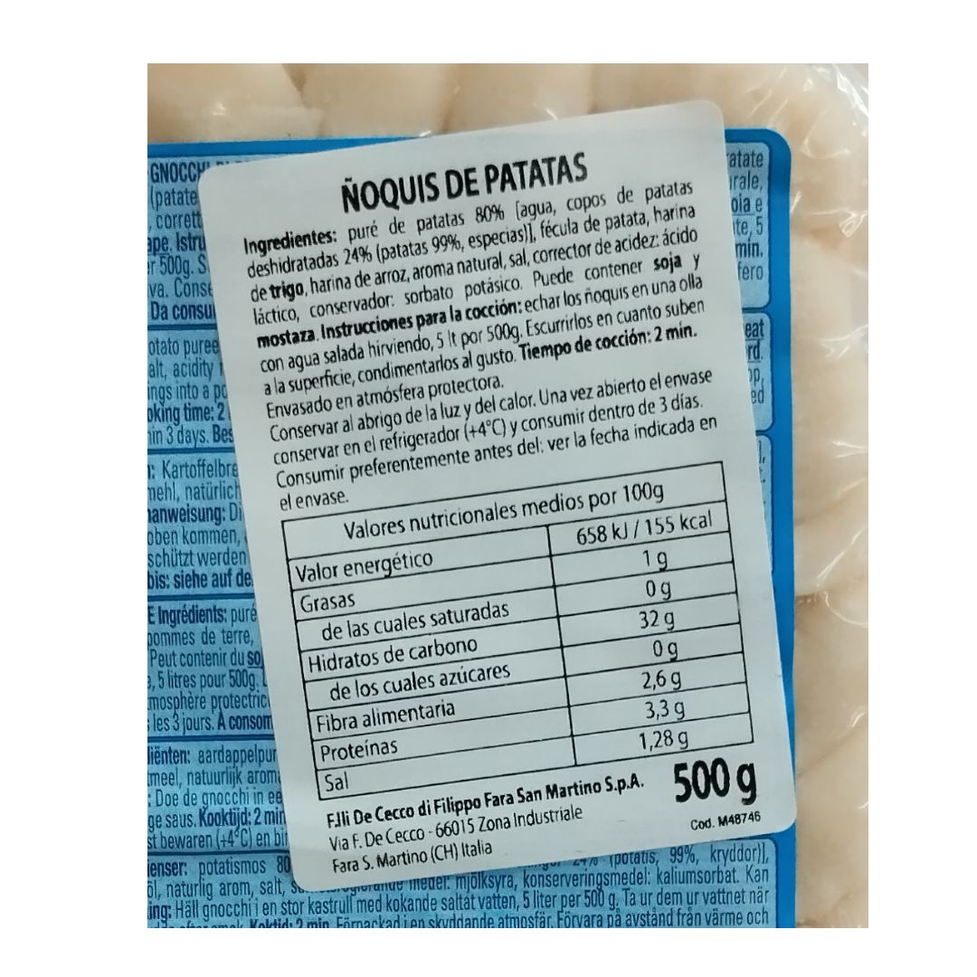 Etiqueta de Gnocchi de Patata De Cecco con ingredientes e información nutricional