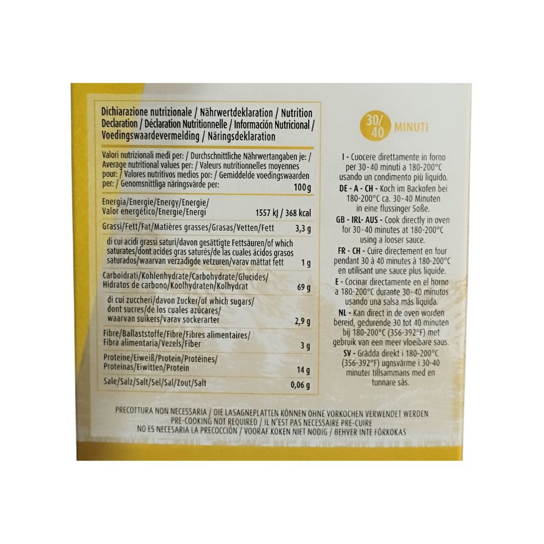 Etiqueta de Lasagne al Huevo Felicetti con ingredientes e información nutricional