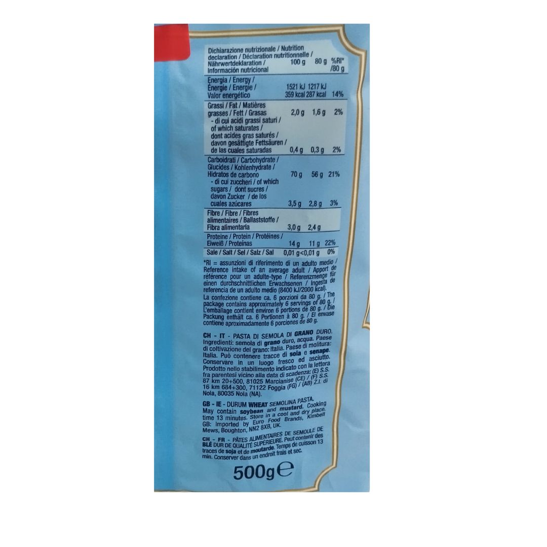 Etiqueta de Mezza Manica Voiello con ingredientes e información nutricional