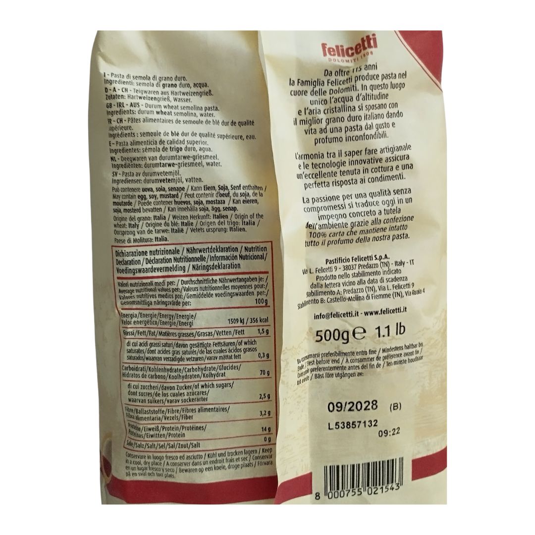 Etiqueta de Mezze Maniche Felicetti con ingredientes e información nutricional