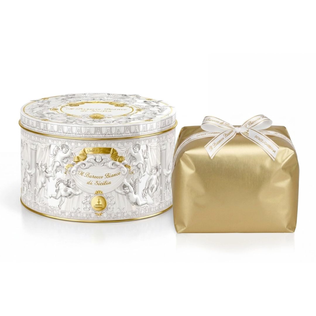 Panettone Dolce & Gabbana Il Barocco Bianco di Sicilia Fiasconaro, lata decorativa