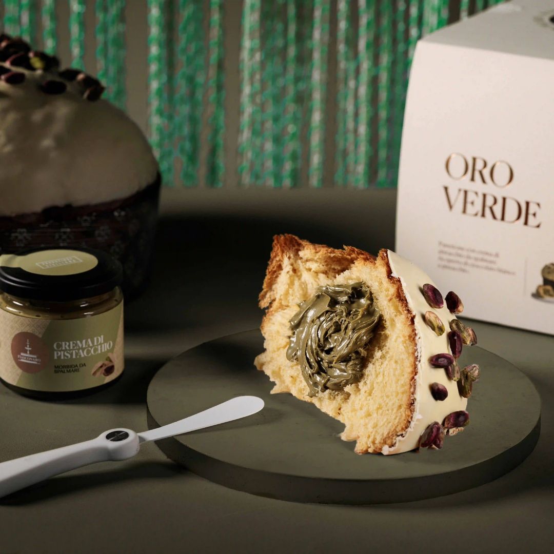 porcion panettone fiasconaro oro verde con crema de pistachos