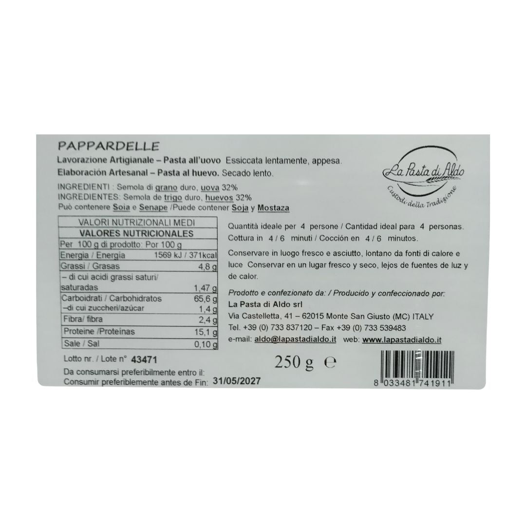Etiqueta de Pappardelle La Pasta di Aldo con ingredientes e información nutricional