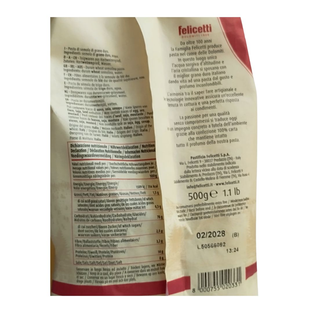 Etiqueta de Pennette Felicetti con ingredientes e información nutricional