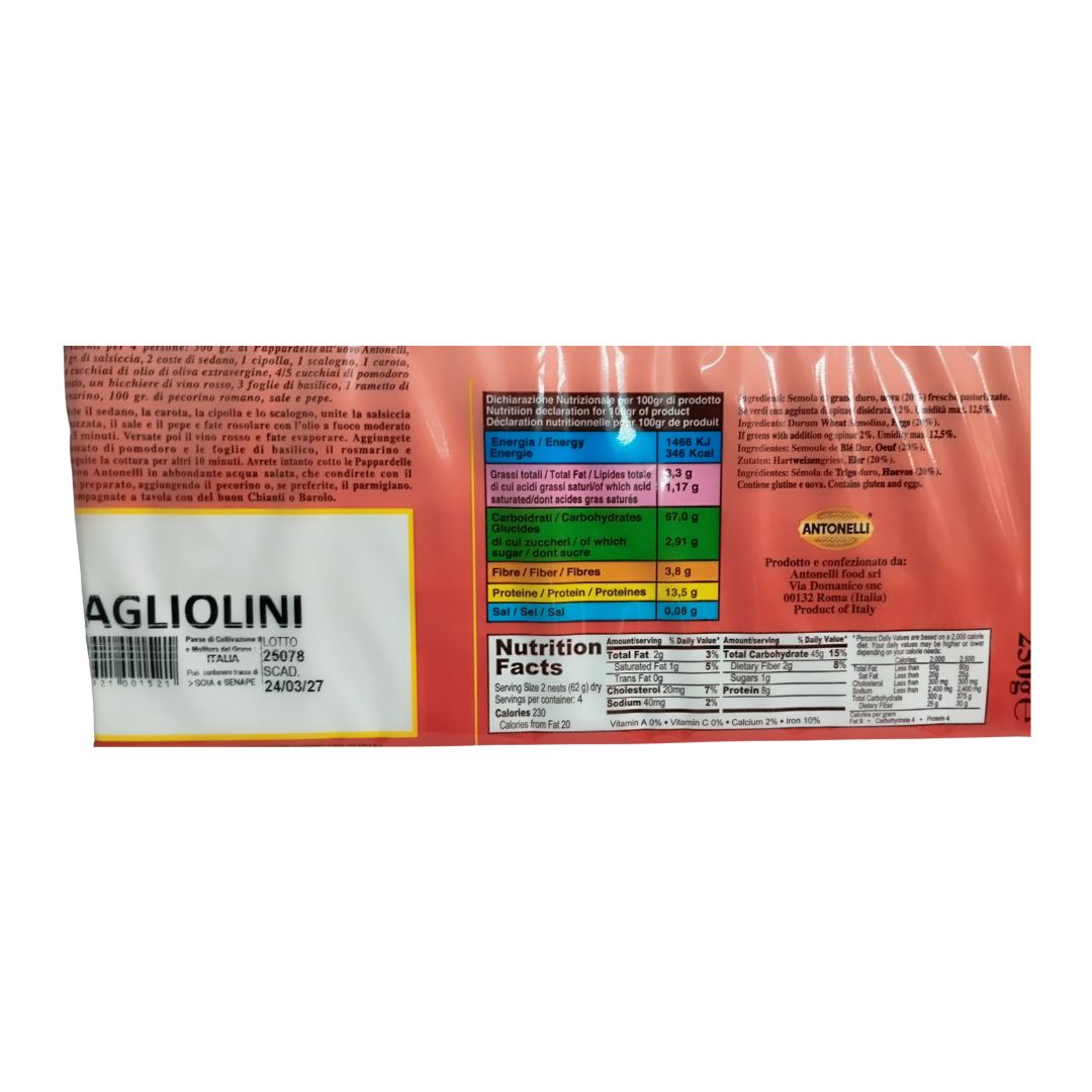 Etiqueta de Tagliolini Antonelli con ingredientes e información nutricional