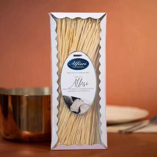 Pasta Albesi Alfieri con virutas de trufa negra 250g en caja.