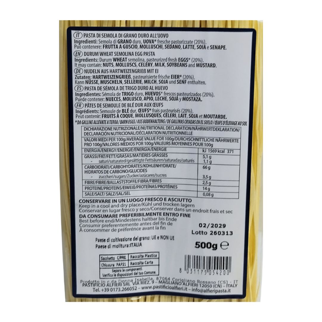 Etiqueta de Albesi al Huevo Alfieri de medio kilo con ingredientes e información nutricional