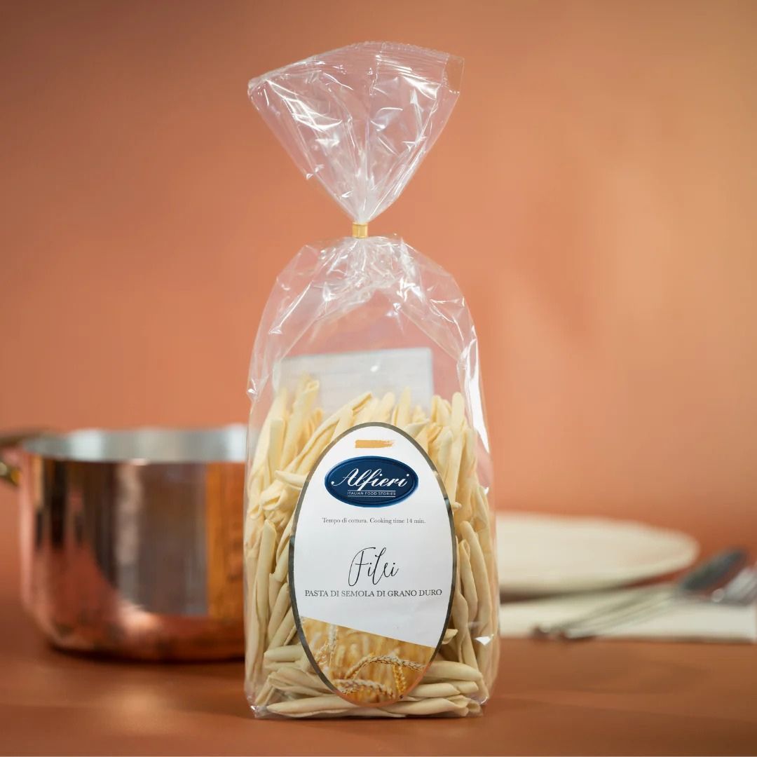Pasta Filei Calabresi Alfieri 500g, forma de tornillo alargado.