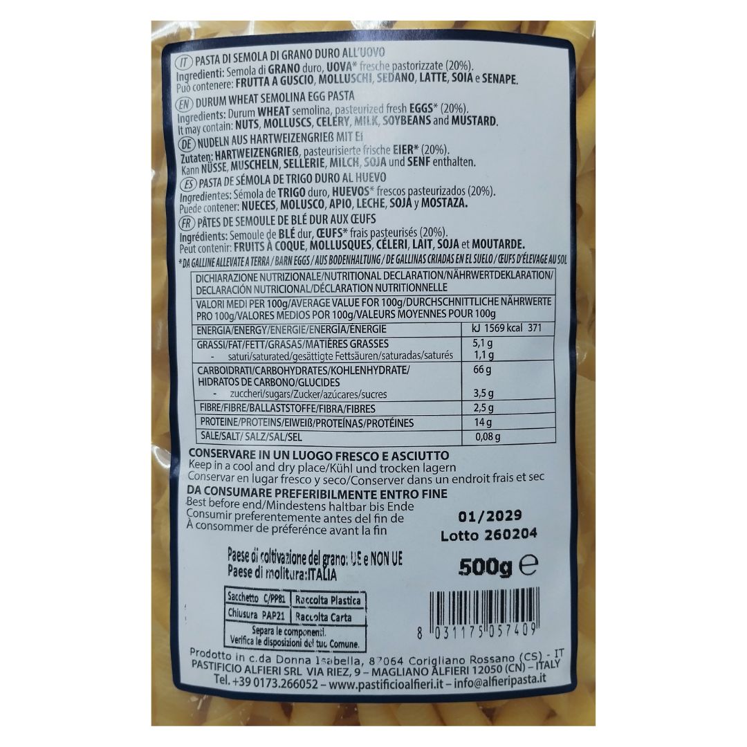 Etiqueta de Garganelli Alfieri con ingredientes e información nutricional