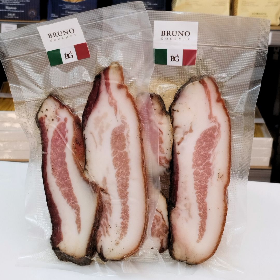 Guanciale italiano artesanal de 150 gramos curado con especias para recetas de pasta tradicionales.