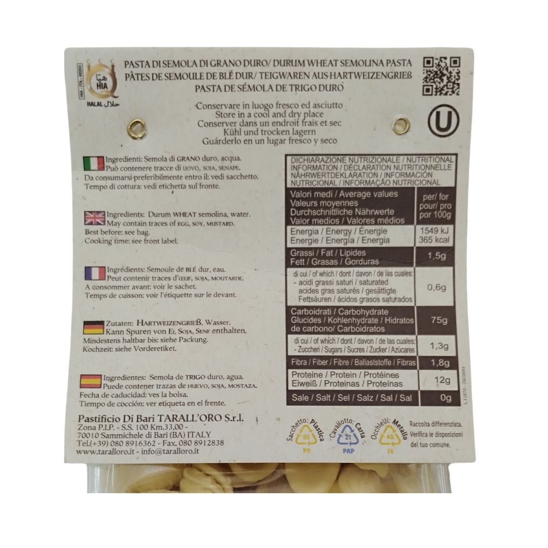 Etiqueta de Orecchiette di Bari con ingredientes e información nutricional