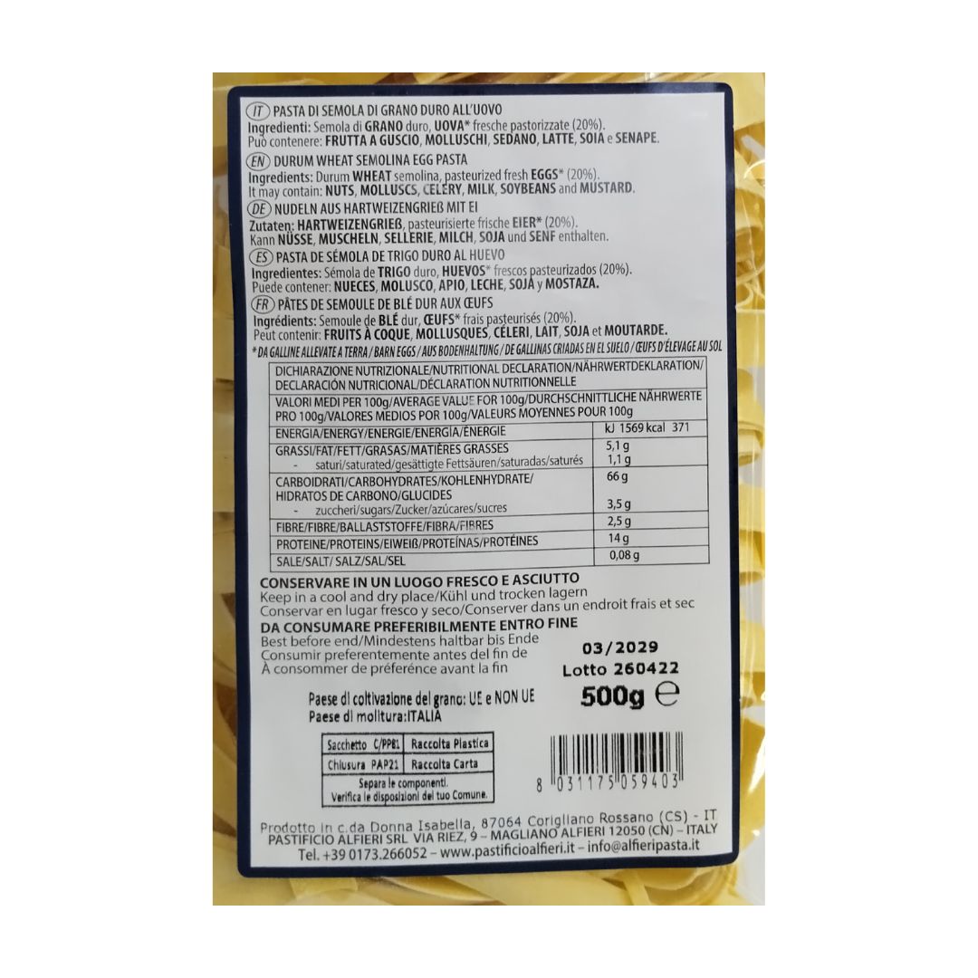 Etiqueta de Pappardelle Alfieri con ingredientes e información nutricional