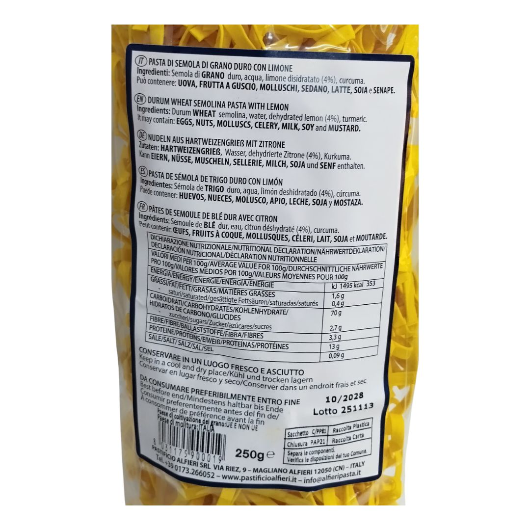 Etiqueta de Riccioli al Limón Alfieri con ingredientes e información nutricional