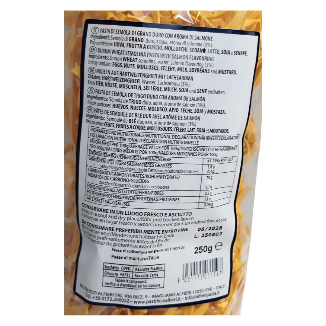 Etiqueta de Riccioli al Salmón Alfieri con ingredientes e información nutricional