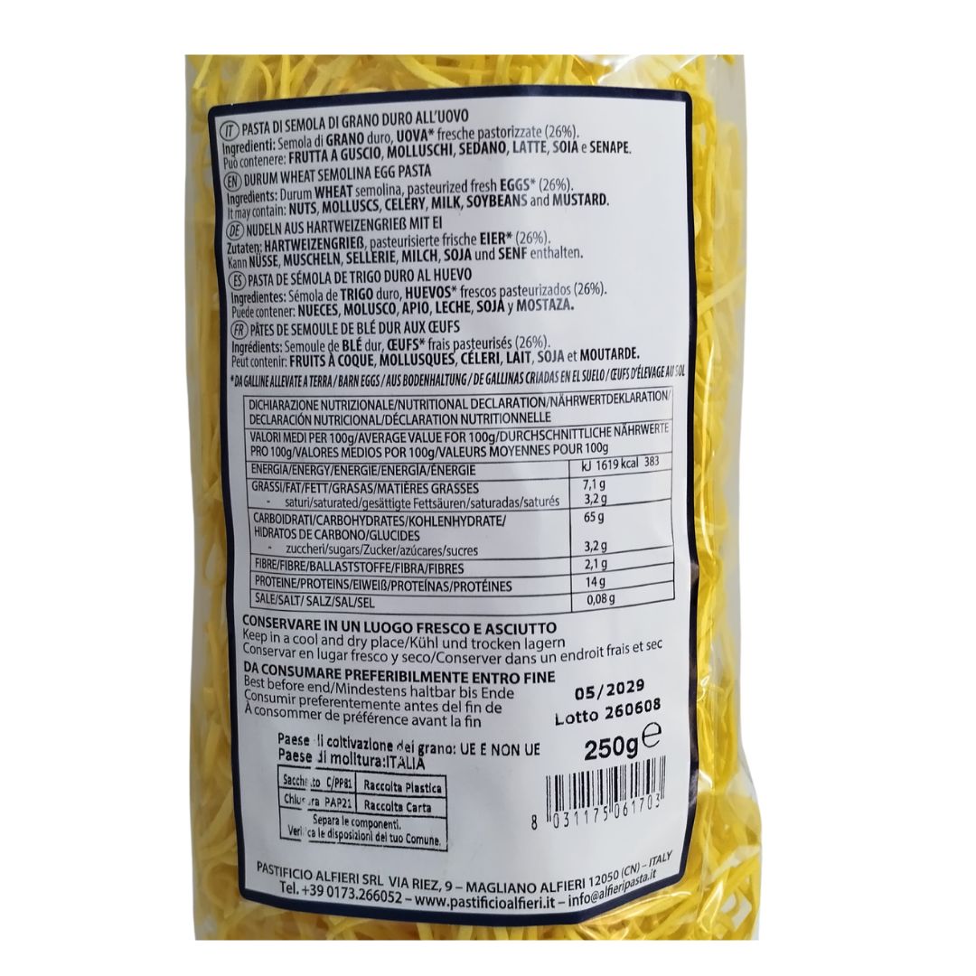 Etiqueta de Tajarin Alfieri con ingredientes e información nutricional