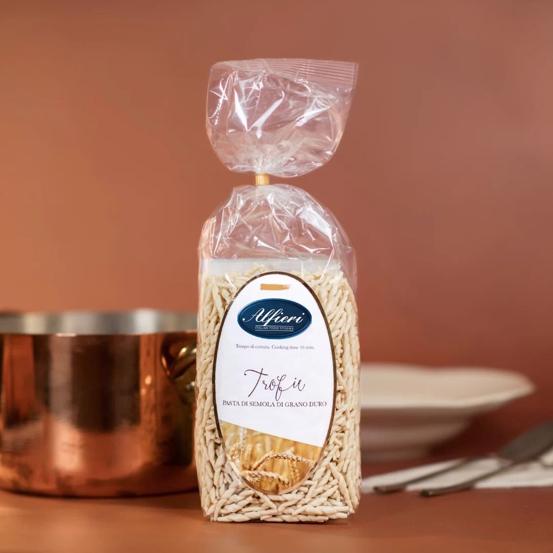 Pasta Trofie Alfieri 500g, forma pequeña y retorcida.